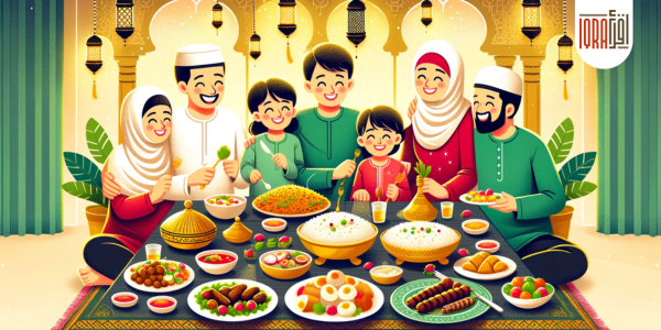 A family joyfully sharing a meal during Eid al-Adha, with traditional festive foods like biryani, kebabs, mansaf, tagine, and baklava on a decorated table. Bright, festive colors and Islamic patterns create a warm and celebratory atmosphere.