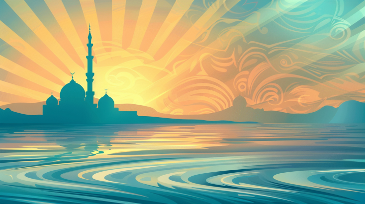 A serene ocean scene at sunrise with gentle waves and a mosque silhouette in the background, illuminated by soft beams of light. The sky is a blend of soft blues, oranges, and golds.