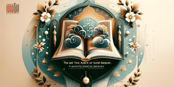 An elegant design for a blog post about Surah Baqarah, featuring a serene background with soft blue and gold colors, an open Quran, and call-to-action buttons for signing up and exploring courses at IQRA Network.