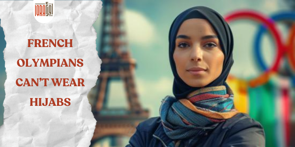 An image of a female athlete wearing a hijab, standing confidently in the foreground. Behind her are the Eiffel Tower and colorful Olympic rings, symbolizing the Paris 2024 Olympics. In the background, French government buildings and a sign reading 'Hijab Ban' are subtly included, reflecting the controversy.