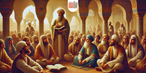 Anas ibn Malik, depicted as an elderly man with a long beard, narrating hadiths to a diverse group of attentive men, women, and children in an ancient Islamic setting. The background features architectural arches and Islamic geometric patterns. All books and manuscripts are held by people or placed on raised surfaces