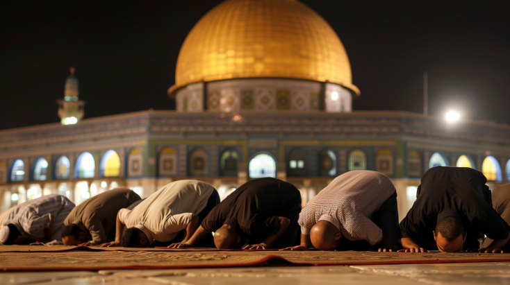 A group of Muslims praying towards the Kaaba, with the Dome of the Rock (Al-Quds) visible behind them, illustrating the change in Qibla direction from Jerusalem to Mecca