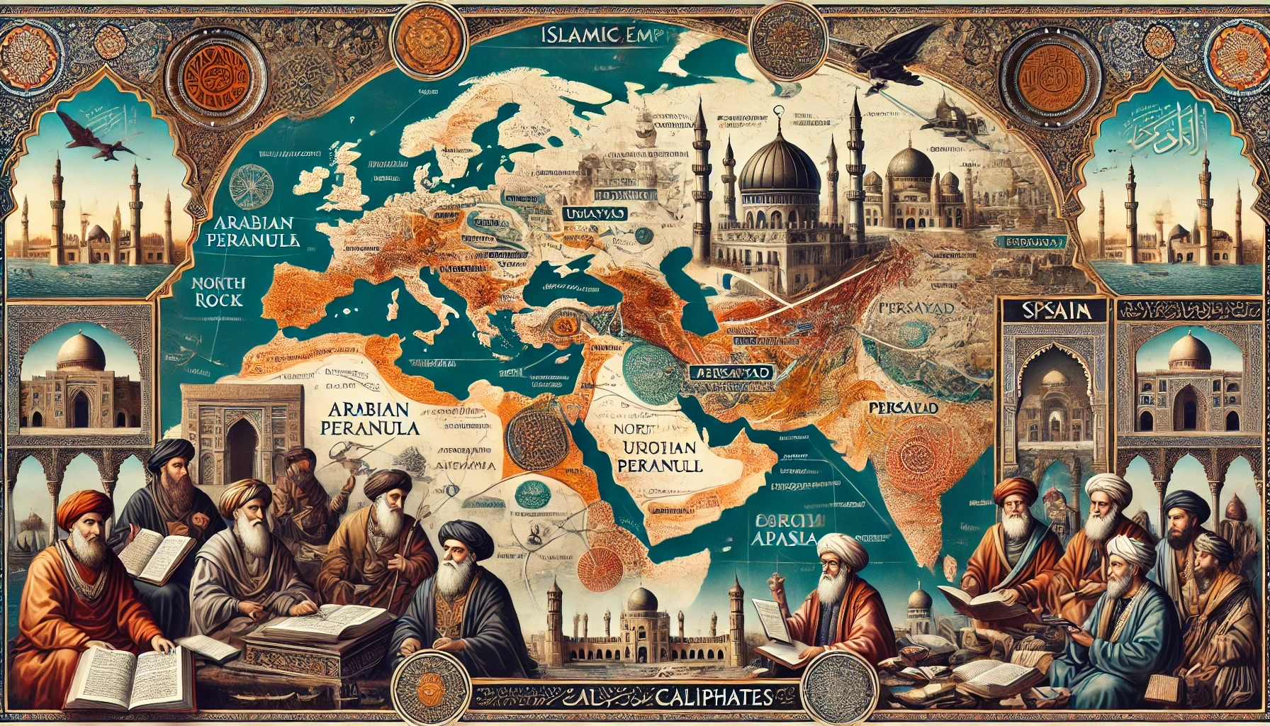 Map illustrating the spread of Islam during the early Caliphates, with highlighted regions such as the Arabian Peninsula, North Africa, Spain, Persia, and Central Asia. The map includes iconic structures like the Dome of the Rock, the Great Mosque of Cordoba, and the Alhambra, alongside trade routes and scholars.