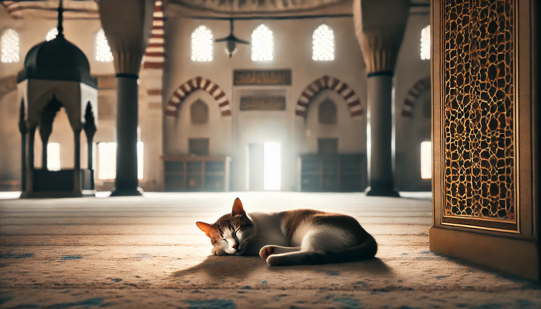 A cat peacefully sleeping on the floor of a mosque, with soft light filtering through the windows.