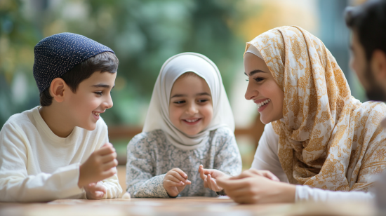 A Muslim family sitting together in a cozy living room, smiling and engaged in a heartfelt conversation about the beauty of modesty, with warm, soft lighting creating a peaceful atmosphere