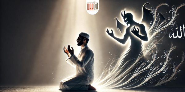 A Muslim man in prayer, surrounded by a glowing white light symbolizing divine protection, with a dark, shadowy figure representing Shaitan in the background held back by the light.