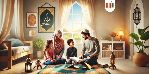 A serene and welcoming scene showing a Muslim family in a beautifully decorated room. The parents are teaching their children about Islam, with elements like prayer mats, Islamic calligraphy on the walls with the phrase "الله أكبر", and an open Quran on a stand. The children are engaged and smiling, reflecting a warm and supportive environment.