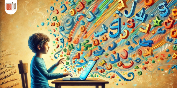 A colorful and vibrant illustration of a child learning online with the Arabic letters ش، س، ت، ص، ض، ئ، ط flying dynamically around them. The child is sitting at a desk, interacting with a laptop, while the Arabic letters float in bright colors, creating a playful and educational atmosphere.