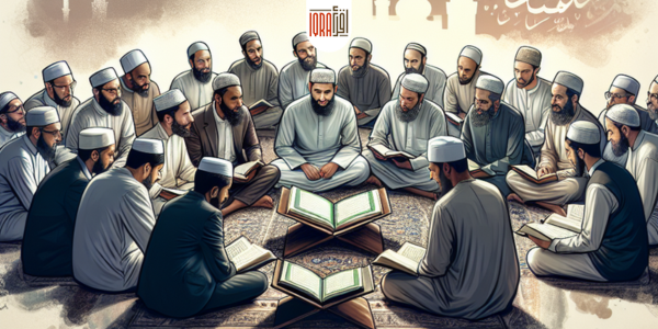 Men engaged in Quran study in a peaceful setting with Islamic calligraphy in the background