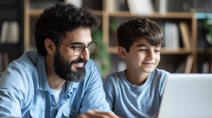 American father and his son they are learning Arabic language online