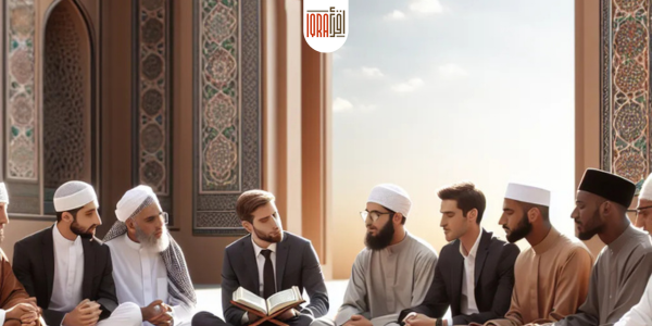 Group of male Islamic scholars discussing teachings around an open Quran in a mosque.