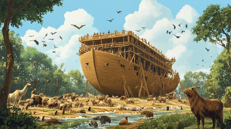 A large Ark resembling Noah's Ark, with people, pairs of animals, and food supplies onboard, set against a vast background.