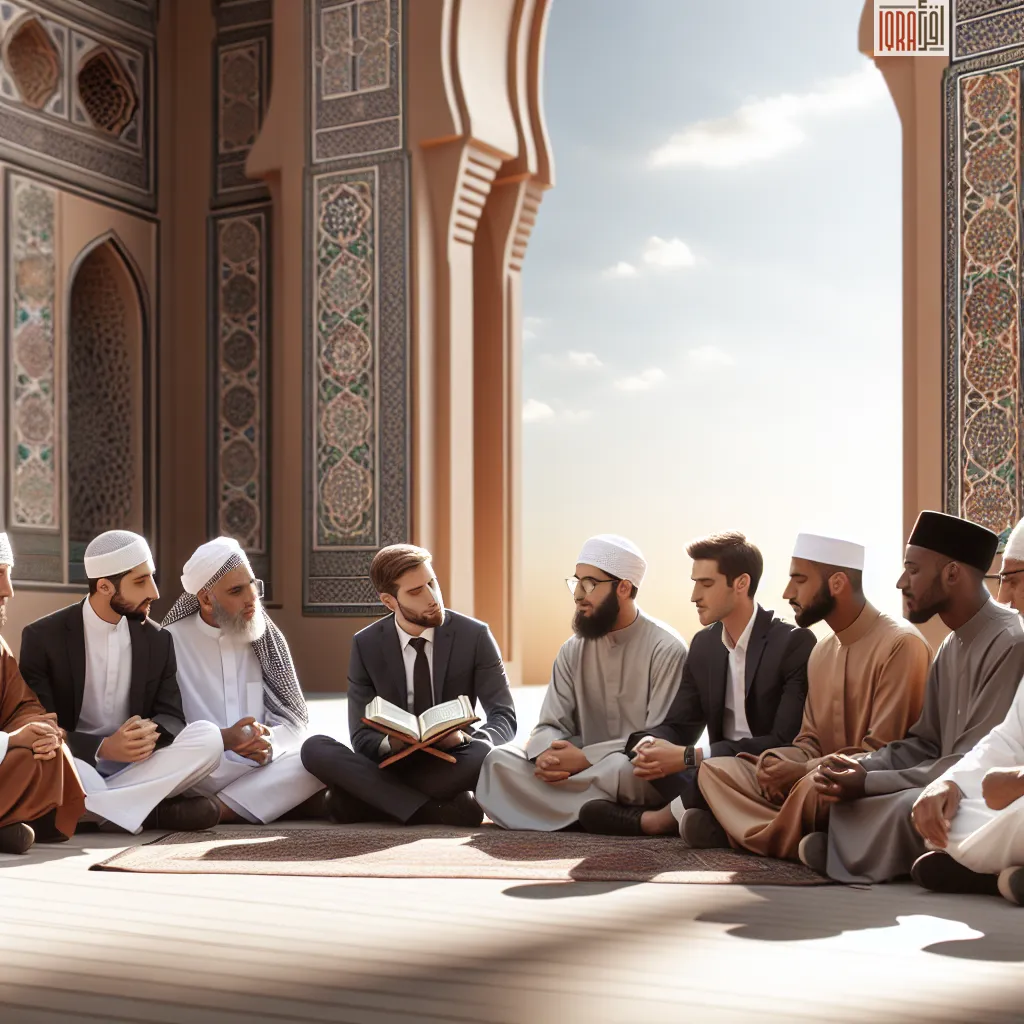 Group of male Islamic scholars discussing teachings around an open Quran in a mosque.